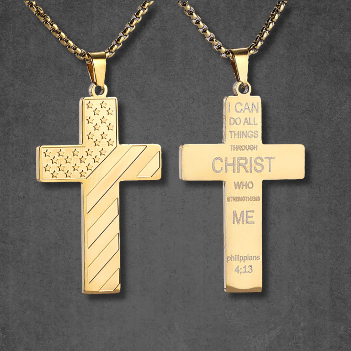 American Flag Stars & Bible Verse Stainless Steel Cross Necklace