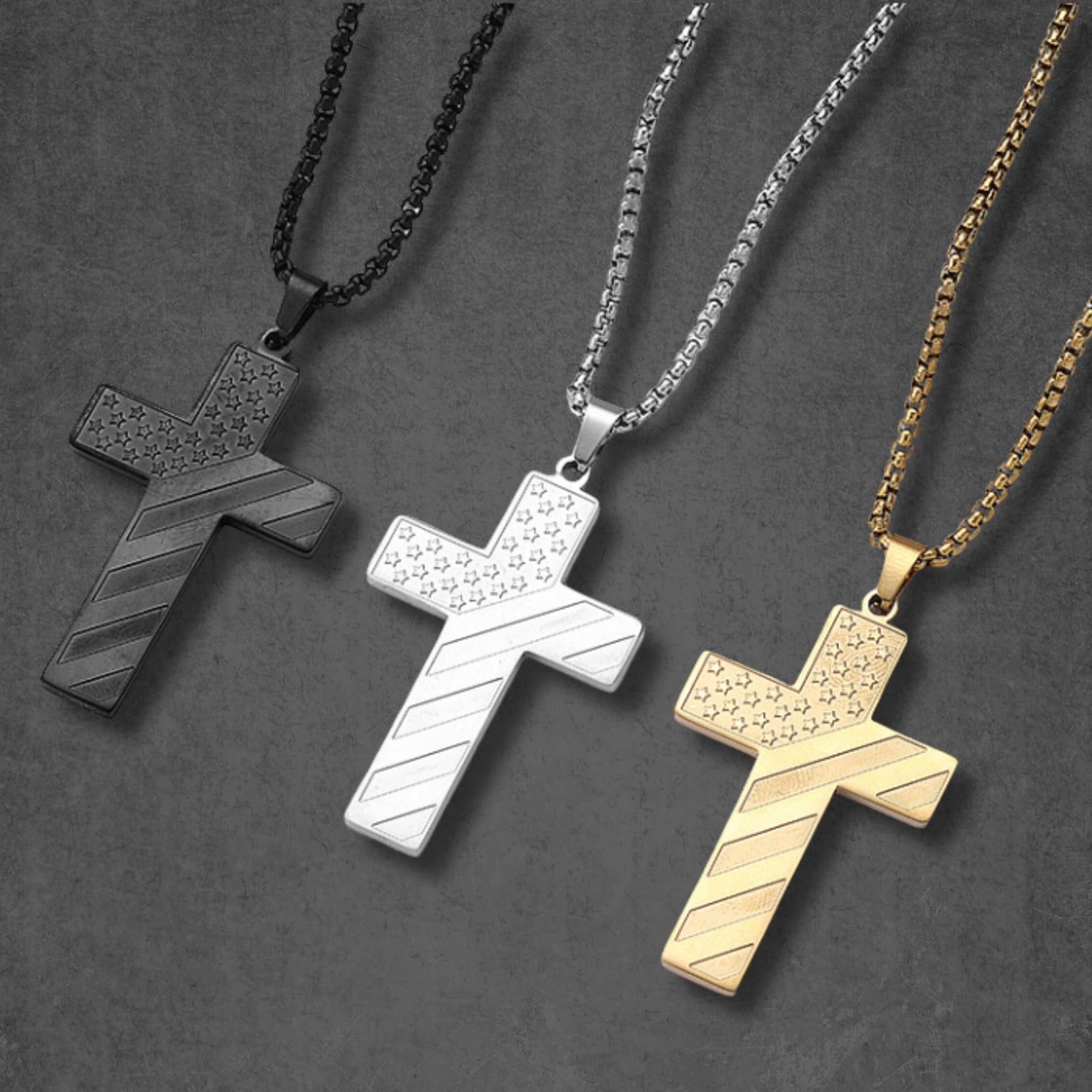 American Flag Stars & Bible Verse Stainless Steel Cross Necklace