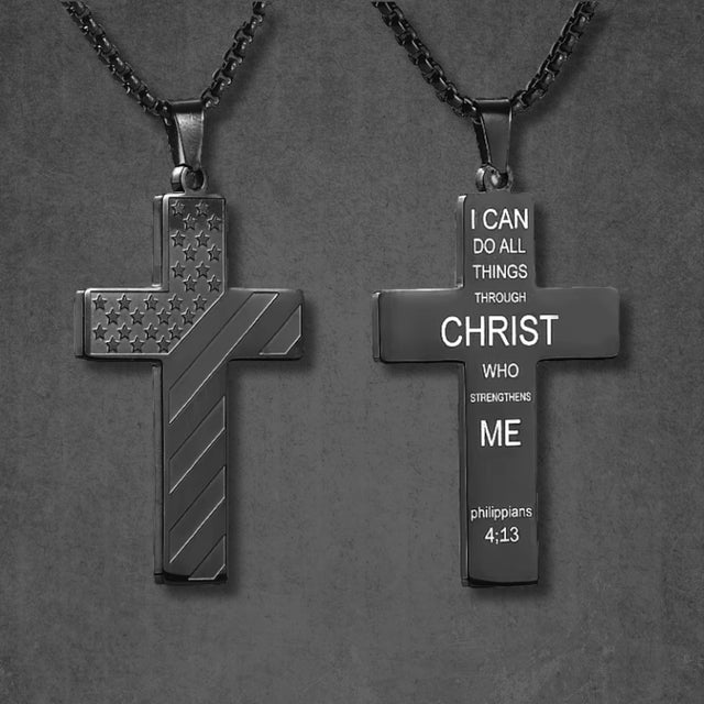 American Flag Stars & Bible Verse Stainless Steel Cross Necklace